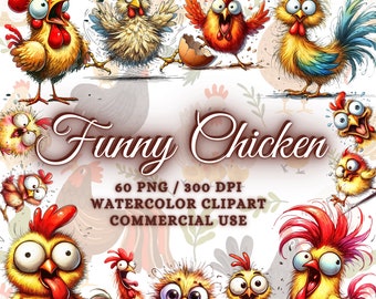 60 Watercolor Funny Cute Chicken Clipart Bundle, Funny Chicken Png Sublimation, Watercolor Chicken, Baby Chicken Clipart, Chick Clipart Png