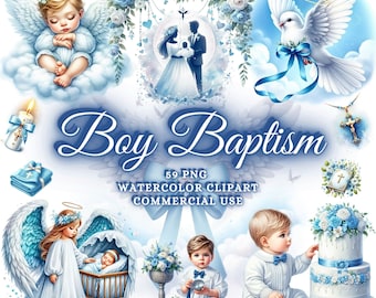 59 Watercolor Baby Boy Baptism Clipart Bundle, Boy Christening PNG, First Communion Boy Baptismal, Rosary, Dove, Cross, Christening Graphics