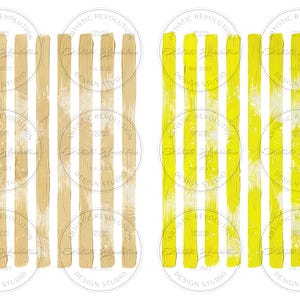 May include: Two sets of abstract art prints featuring vertical brushstrokes. One set is in shades of beige, the other in bright yellow. Each print has the text "ARTISTIC REVOLUTION DESIGN STUDIO EST. 2023" in a circular design.