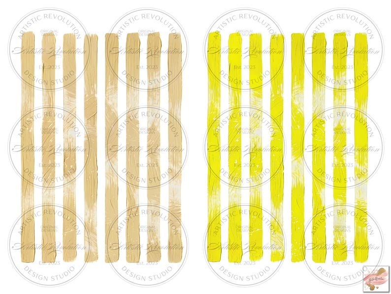 May include: Two sets of abstract art prints featuring vertical brushstrokes. One set is in shades of beige, the other in bright yellow. Each print has the text "ARTISTIC REVOLUTION DESIGN STUDIO EST. 2023" in a circular design.
