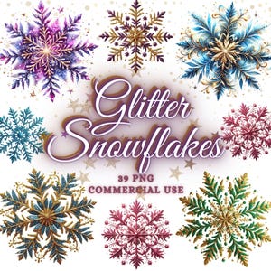 Watercolor Glitter Snowflakes Clipart Bundle, Christmas Snowflake Png Bundle, Pink Gold Silver Blue Snowflake Sublimation Designs Winter Png