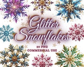Watercolor Glitter Snowflakes Clipart Bundle, Christmas Snowflake Png Bundle, Pink Gold Silver Blue Snowflake Sublimation Designs Winter Png