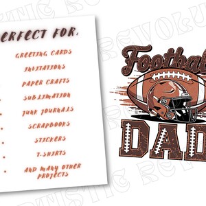 May include: A brown and white football design with a helmet and the word "DAD". The image also includes a list of project ideas such as greeting cards, invitations, paper crafts, and stickers.