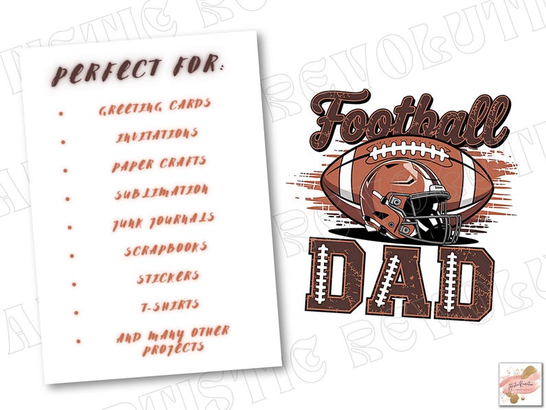 May include: A brown and white football design with a helmet and the word "DAD". The image also includes a list of project ideas such as greeting cards, invitations, paper crafts, and stickers.