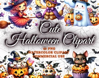 65 Watercolor Cute Halloween Clipart Bundle, Halloween PNG Bundle, Jack-O-Lantern, Witch, Ghost, Spider, Halloween Cat, Commercial Use Png