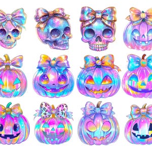 Puede incluir: Una colecci&oacute;n de ilustraciones coloridas con tem&aacute;tica de Halloween. La imagen presenta calaveras y calabazas con colores vibrantes e iridiscentes y lazos decorativos. Los dise&ntilde;os son detallados y caprichosos, perfectos para la decoraci&oacute;n de temporada.