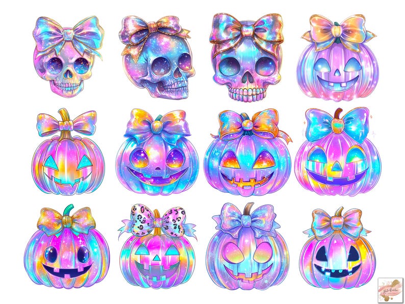 Puede incluir: Una colecci&oacute;n de ilustraciones coloridas con tem&aacute;tica de Halloween. La imagen presenta calaveras y calabazas con colores vibrantes e iridiscentes y lazos decorativos. Los dise&ntilde;os son detallados y caprichosos, perfectos para la decoraci&oacute;n de temporada.