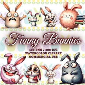 100 Funny Watercolor Bunnies Clipart Bundle, Bunny Png Bundle, Cute Bunnies Anime Clipart Png, Funny Nursery Bunnies, Bunny Sublimation Png