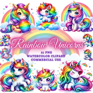 Paquete de imágenes prediseñadas de unicornio arco iris de acuarela, imágenes prediseñadas de unicornio Kawaii lindo, imágenes prediseñadas de unicornio bebé, paquete de unicornio png, unicornios lindos png, impresiones