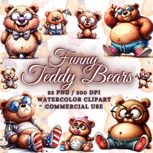 Bundle de 52 cliparts drôles d'ours en peluche, clipart ours baby shower, ours en peluche aquarelle Png clipart bébé nounours, clipart aquarelle ours chambre d'enfant
