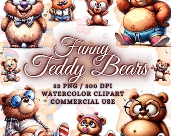 52 Funny Teddy Bears Clipart Bundle, Baby Shower Bear Clipart, Watercolor Teddy Bear Png Baby Teddy Clipart, Watercolor Nursery Bear Clipart
