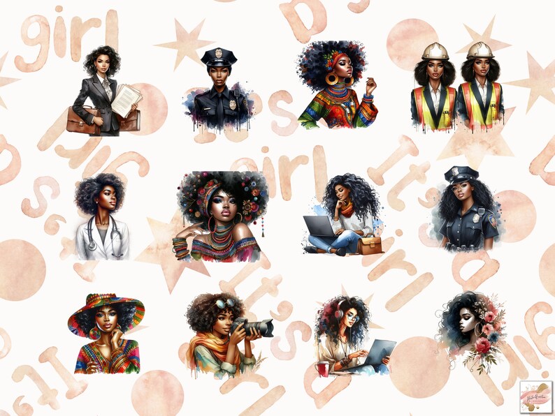 May include: Watercolor illustrations of diverse women in various professions, including a businesswoman, police officer, doctor, and construction worker. The images feature vibrant colors and intricate details, set against a soft, patterned background with the word "girl".