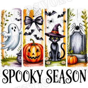 May include: A colorful Halloween-themed illustration with a ghost, pumpkin, black cat, and tombstone. The image includes bats, spiders, and the text "Spooky Season". The artwork has a watercolor style with vibrant colors.
