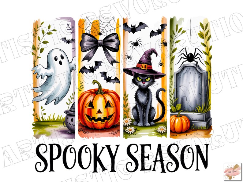 May include: A colorful Halloween-themed illustration with a ghost, pumpkin, black cat, and tombstone. The image includes bats, spiders, and the text "Spooky Season". The artwork has a watercolor style with vibrant colors.