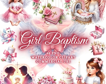 May include: Watercolor clipart set for a girl's baptism. The set includes images of a baby, a dove, a bible, a candle, a cake, a pair of shoes, a ring, and two angels. The set is perfect for creating invitations, cards, and other crafts.