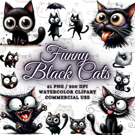 61 Funny Black Cats Clipart Bundle, Cute Black Cat Png Bundle, Watercolor Cats Clipart Png, Watercolor Cats Png, Funny Cats Sublimation Png