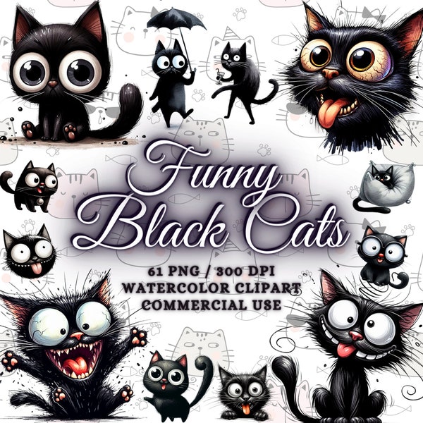 61 Funny Black Cats Clipart Bundle, Cute Black Cat Png Bundle, Watercolor Cats Clipart Png, Watercolor Cats Png, Funny Cats Sublimation Png