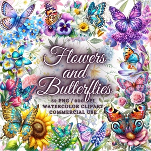 Bundle de cliparts aquarelle fleurs de printemps & papillons, clipart floral papillons, printemps papillons Png, sublimation florale de printemps Png