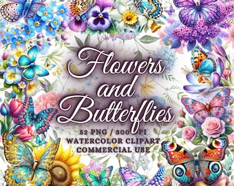 Watercolor Spring Flowers & Butterflies Clipart Bundle, Floral Butterflies Clipart, Spring Butterflies Png, Spring Floral Sublimation Png