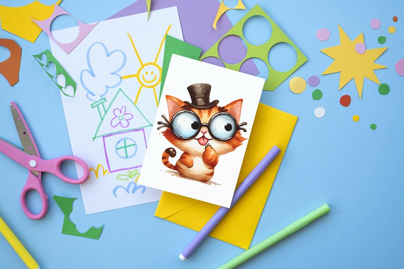 Pode incluir: Um cart&atilde;o branco com uma ilustra&ccedil;&atilde;o de desenho animado de um gato usando um chap&eacute;u-coco e &oacute;culos. O gato &eacute; laranja e branco com uma cauda preta. O cart&atilde;o est&aacute; rodeado por recortes de papel coloridos, tesoura e marcadores em um fundo azul claro.