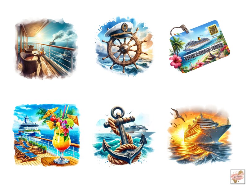 May include: Watercolor illustrations of cruise ship elements. Images include a ship's wheel with a captain's hat, a cruise ship on the ocean, a cocktail, a cruise ship on the ocean at sunset, a cruise ship balcony, and a cruise ship luggage tag.