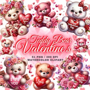 51 imágenes prediseñadas de oso de peluche de San Valentín en acuarela, imágenes prediseñadas de oso de peluche de San Valentín, imágenes prediseñadas de feliz San Valentín, oso de peluche PNG, San Valentín PNG