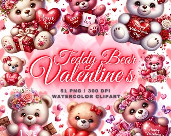 51 Watercolor Valentines Teddy Bear Clipart, Valentine's Day Teddy Bear Clip Art, Happy Valentine Clipart, Teddy Bear Png, Valentines PNG