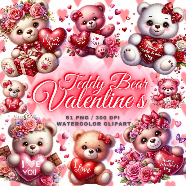 51 Watercolor Valentines Teddy Bear Clipart, Valentine's Day Teddy Bear Clip Art, Happy Valentine Clipart, Teddy Bear Png, Valentines PNG