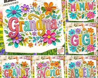 Floral Oma PNG Bundle: Oma, Granna, Mamaw, Nana, Gigi, Mimi, Nene, Lolly Bunte Blumen Pinselstrich Muttertag Sublimation Designs
