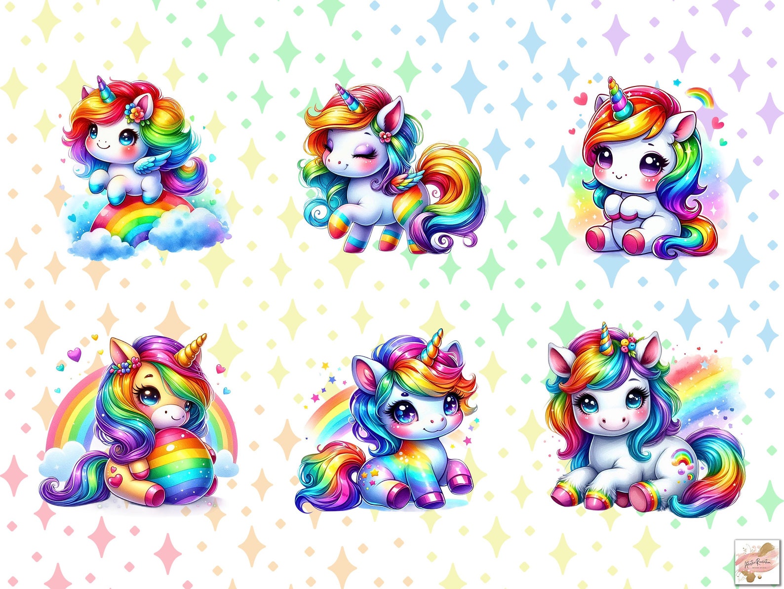 Watercolor Rainbow Unicorn Clipart Bundle, Cute Kawaii Unicorn Clipart ...