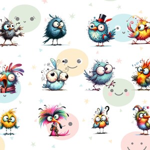 Puede incluir: Una colecci&oacute;n de p&aacute;jaros de dibujos animados caprichosos con ojos expresivos y plumaje colorido. Cada p&aacute;jaro tiene un dise&ntilde;o &uacute;nico, con colores variados como azul, amarillo y rojo. Los p&aacute;jaros est&aacute;n sobre un fondo blanco con c&iacute;rculos y estrellas de colores pastel.