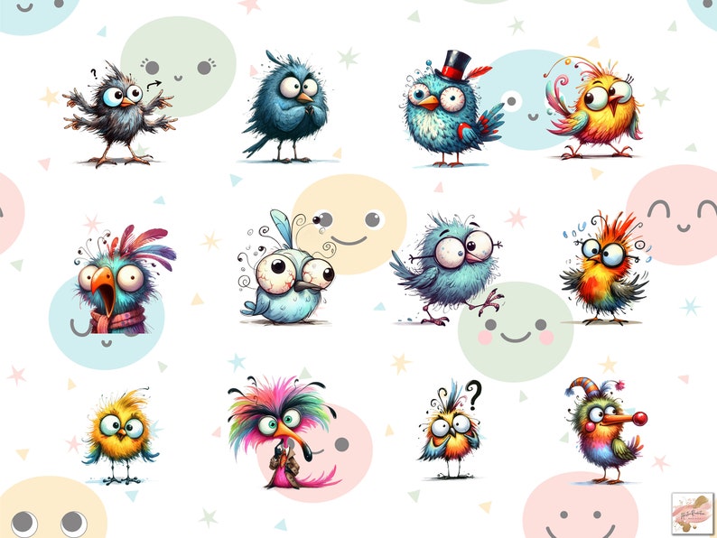 Puede incluir: Una colecci&oacute;n de p&aacute;jaros de dibujos animados caprichosos con ojos expresivos y plumaje colorido. Cada p&aacute;jaro tiene un dise&ntilde;o &uacute;nico, con colores variados como azul, amarillo y rojo. Los p&aacute;jaros est&aacute;n sobre un fondo blanco con c&iacute;rculos y estrellas de colores pastel.