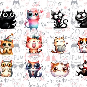 Pode incluir: Uma colagem digital de 10 gatos de desenho animado com diferentes express&otilde;es e roupas. Os gatos est&atilde;o em um fundo branco com flores rosa e as palavras "so cute", "fun", "happy", "smile", e "day".