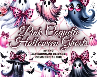 Paquete de imágenes prediseñadas de fantasmas rosas de Halloween en acuarela, imágenes prediseñadas de fantasmas rosas de Halloween, imágenes prediseñadas de fantasmas lindos de Halloween, paquete de imágenes PNG de fantasmas para sublimación