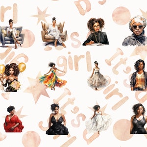 May include: Watercolor illustrations of diverse women in various poses and outfits, set against a soft, off-white background with the words "girl" and star shapes. The women are depicted in business attire, formal gowns, and casual wear.