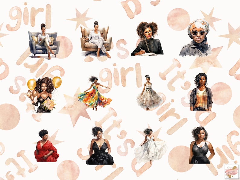 May include: Watercolor illustrations of diverse women in various poses and outfits, set against a soft, off-white background with the words "girl" and star shapes. The women are depicted in business attire, formal gowns, and casual wear.