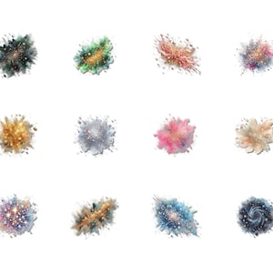 May include: A collection of twelve watercolor illustrations of abstract explosions. Each explosion features a unique color palette, including gold, pink, blue, and green, with splatters and glitter effects. The images are set against a white background.