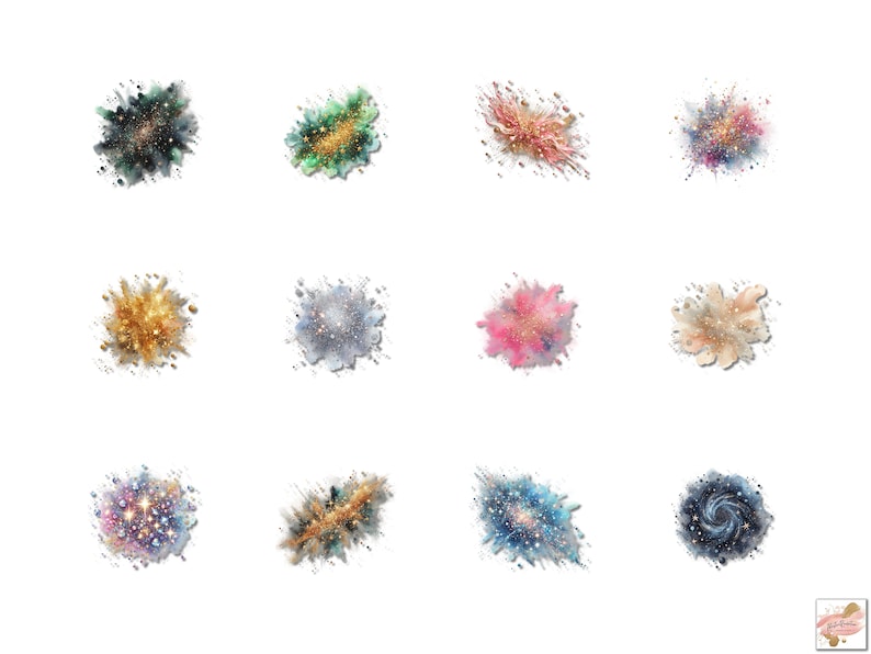 May include: A collection of twelve watercolor illustrations of abstract explosions. Each explosion features a unique color palette, including gold, pink, blue, and green, with splatters and glitter effects. The images are set against a white background.
