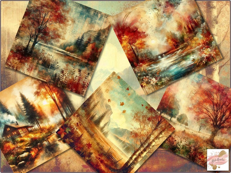 Op de afbeelding: Een verzameling van vijf vierkante kunstprints met herfstlandschappen. Het kunstwerk toont levendige kleuren van rood, oranje en geel, met bomen, water en bergen. De stijl doet denken aan aquarel- of olieverfschilderijen.