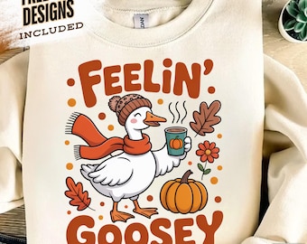 Ganso de otoño PNG, divertido y acogedor ganso amante del café Camiseta de ganso de otoño PNG, lindo diseño de animales de otoño para camisetas, sublimación de otoño PNG, otoño PNG