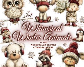 Könnte beinhalten: Aquarell-Clipart mit skurrilen Wintertieren, darunter eine Eule, ein Elch, eine Maus, ein Chipmunk, ein Pinguin, ein Bär, ein Waschbär und ein Hase. Jedes Tier ist in Winterkleidung gekleidet. Der Text "Whimsical Winter Animals" wird angezeigt.