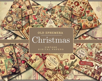 May include: A digital paper pack with a vintage Christmas theme. The papers feature illustrations of Christmas trees, ornaments, presents, and other festive imagery. The papers are perfect for scrapbooking, card making, and other crafting projects.