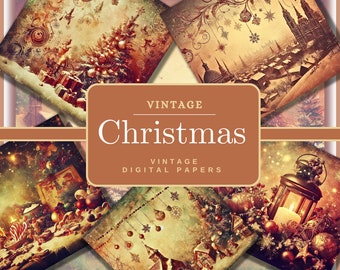 Könnte beinhalten: Ein Set aus vier digitalen Vintage-Weihnachtspapieren mit Bildern einer verschneiten Stadtlandschaft, einem Weihnachtsbaum mit Ornamenten, einer Laterne mit einer Kerze und einer Kirche mit schneebedeckten Dächern.