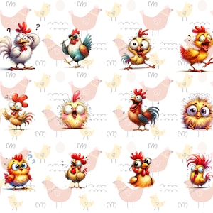 May include: A repeating pattern of cartoon chickens in various poses and expressions. The chickens are primarily yellow, orange, and red, with white and black accents. The background features pink chicken silhouettes, eggs, and wavy lines.