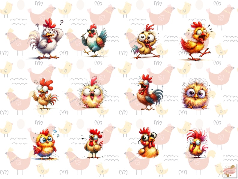 May include: A repeating pattern of cartoon chickens in various poses and expressions. The chickens are primarily yellow, orange, and red, with white and black accents. The background features pink chicken silhouettes, eggs, and wavy lines.