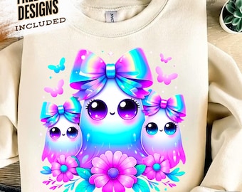 Coquette Iridescent Ghost PNG Coquette Halloween Sublimation Design Cute Girly Spooky Season Retro Neon Graphic Digital Download for Shirts