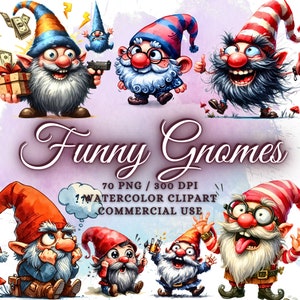 70 Funny Gnomes Clipart Bundle, Watercolor Gnomes Clipart Png, Cute Gnome Png, Funny Clipart Bundle, Printable Gnomes, Watercolor Gnome Art
