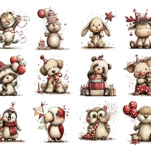 以下が含まれることがあります： 誕生日を祝う愛らしい動物たちの12枚の水彩イラストのコレクション。トラ、クマ、ウサギ、アライグマなど、各動物はパーティーハット、風船、お祝いの装飾で飾られており、すべて柔らかく気まぐれなスタイルです。