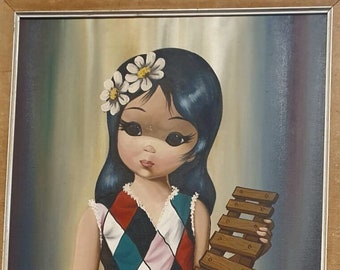 Original Vintage Eden Big Eyes Big Eye Xylophone Girl Figural Oil