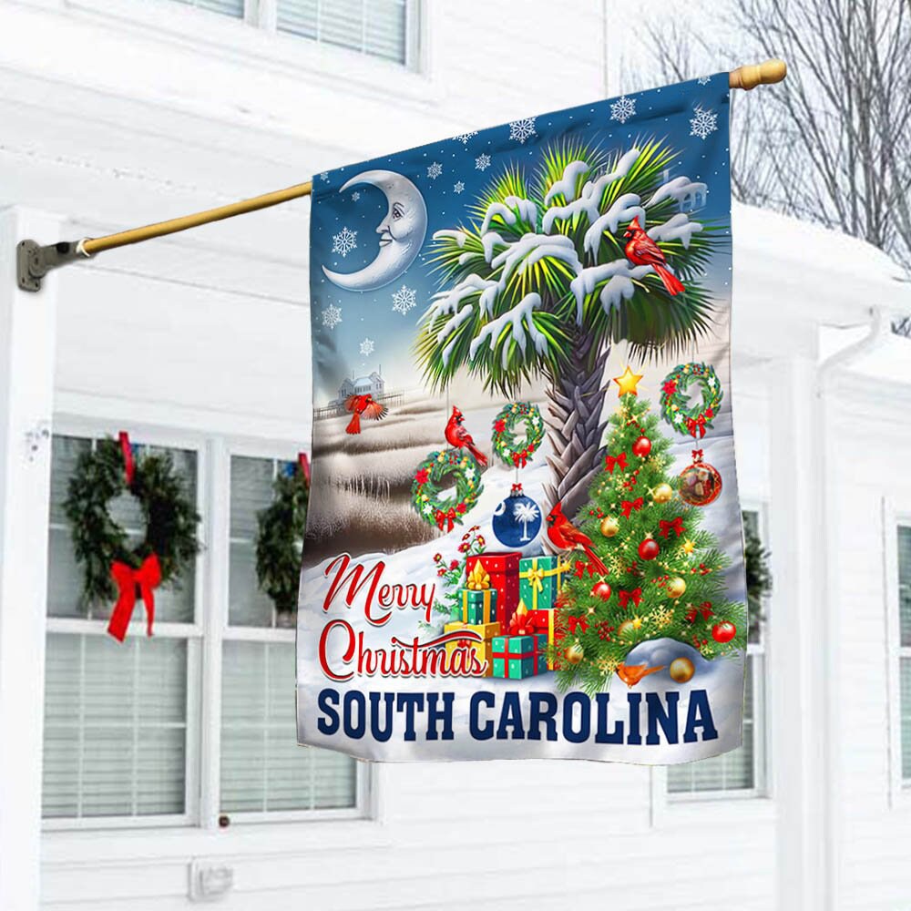 Discover South Carolina Flag Merry Christmas Palm Tree Cardinal Winter House Flag